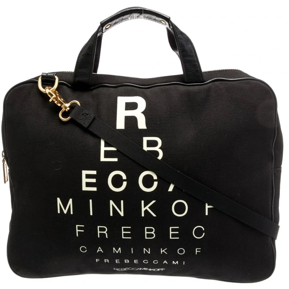 Rebecca Minkoff Eye Sight Chart Padded Black Canvas Messenger Laptop Shoulder Ba